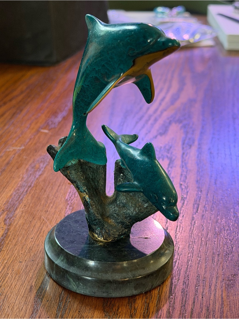 San Pacific International DOLPHIN SCULPTURE STATUE 6" Bronze w/ Marble Base, SPI